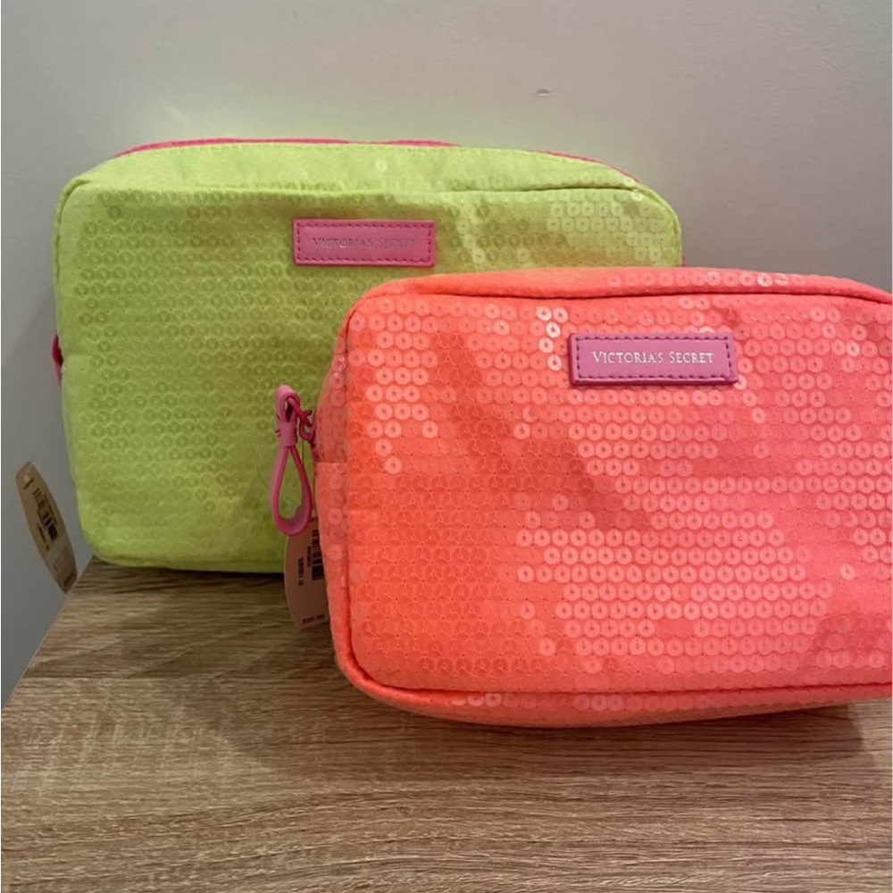 Victoria's Secret Sequin Cosmetic Bag Set - Neon Green and Bright Coral